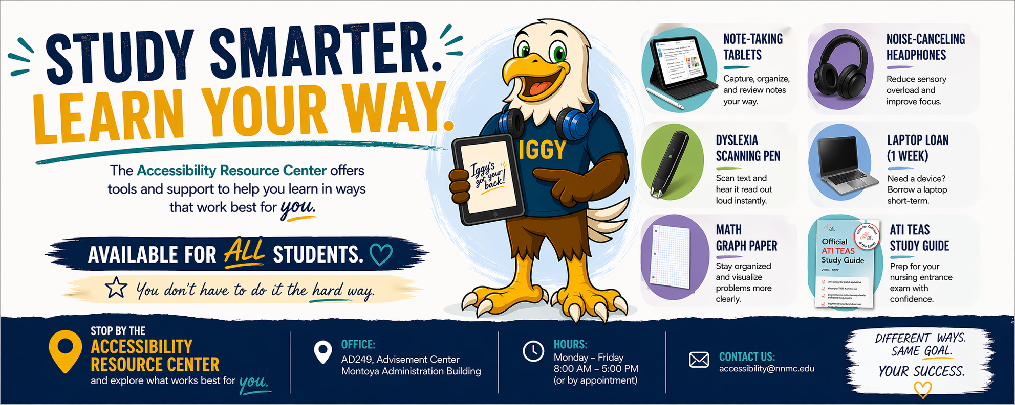 Accessibility Resource Center Resources Flyer with the headline “Study Smarter. Learn Your Way.” featuring Iggy the eagle mascot holding a tablet that says “Iggy’s got your back.” The Accessibility Resource Center offers tools for all students, including note-taking tablets, noise-canceling headphones (to reduce sensory overload), a dyslexia scanning pen (reads text aloud), a one-week laptop loan, math graph paper, and an ATI TEAS study guide. Text highlights that students don’t have to do it the hard way and encourages them to visit the center. Location: AD249, Advisement Center, Montoya Administration Building. Hours: Monday–Friday, 8:00 AM–5:00 PM (or by appointment). Contact: accessibility@nnmc.edu . Closing message: “Different ways. Same goal. Your success.”